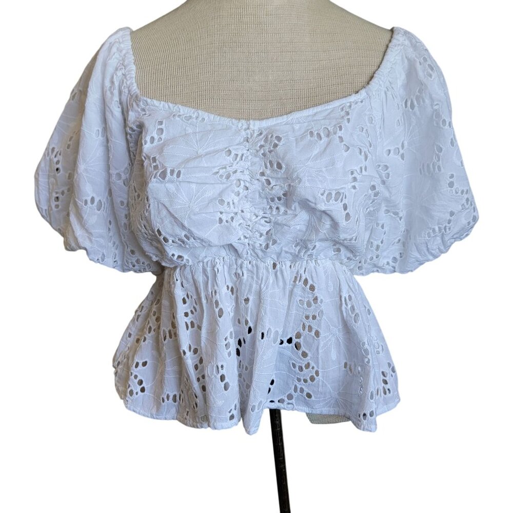 Asos Babydoll Cropped Top Womens Large Eyelet Puff Sleeve Ruffle Peplum Cottage
